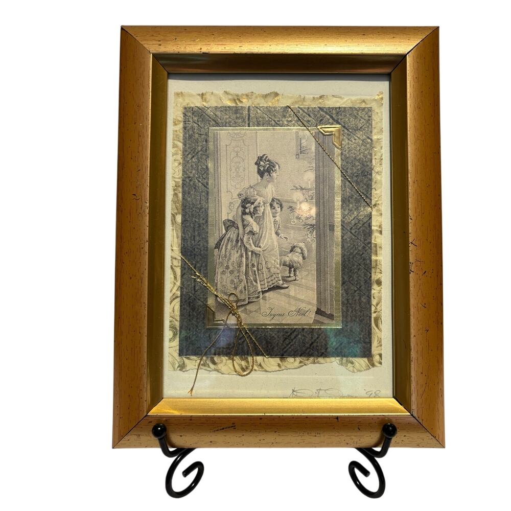 Vintage 1998 Handmade Art, "Joyeux Noel" Framed Collage, Signed